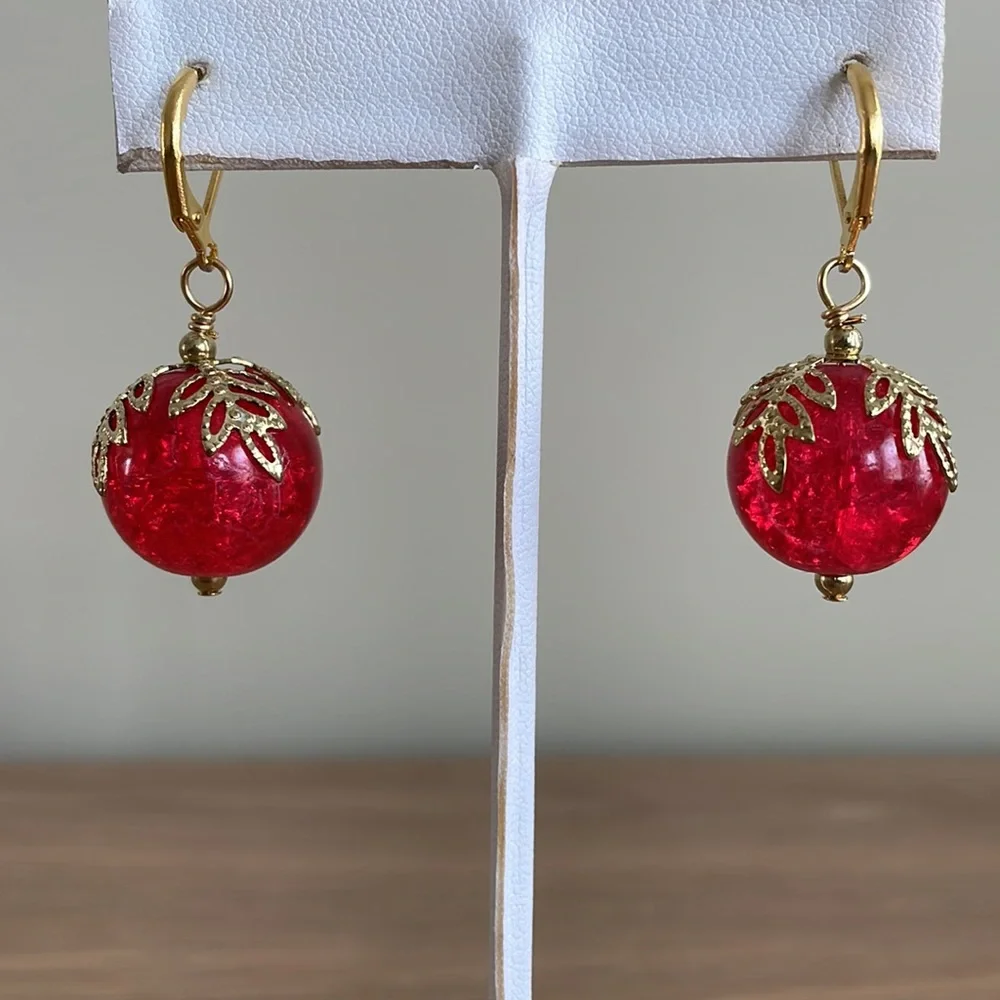 HAND CRAFTED EARRINGS Big Red Glass Marbles Gold Plated